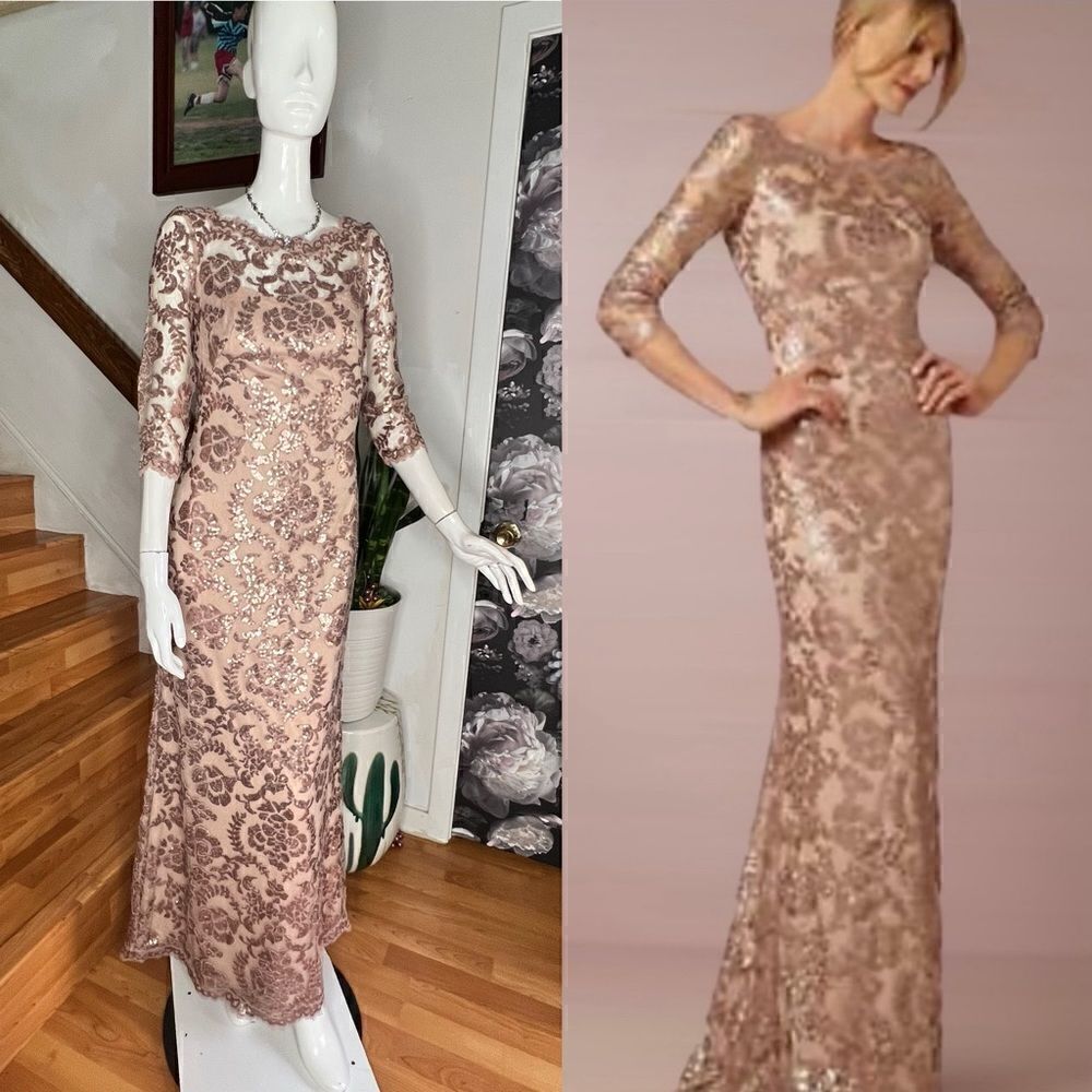 New BHLDN Tadashi Shoji Yvonne Rose Gold
Sequined Lace Gown
